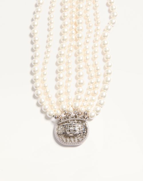 Valentino Garavani - Ovalette Necklace In Metal, Baroque Glass Beads, And Swarovski® Crystals - Cream/crystal - Woman - Fashion Jewelry