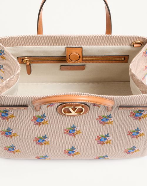 Valentino Garavani - Valentino Garavani Antibes Medium Shopping Bag In Embroidered Canvas - Natural/multicolor - Woman - Totes