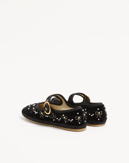 Valentino Garavani - Mary-jane Endouce Velvet Ballerina With Bow Embroidery - Black - Woman - Ballerinas