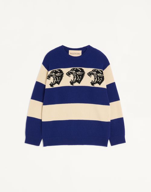 Valentino - Valentino Wool Sweater With Jacquard Panther Pattern - Indigo/butter - Man - Knitwear