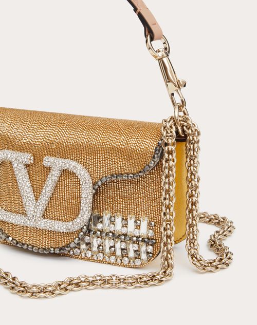 Valentino Garavani Small Locò Embellished Silk Shoulder Bag in Gold Crystal/brasslight