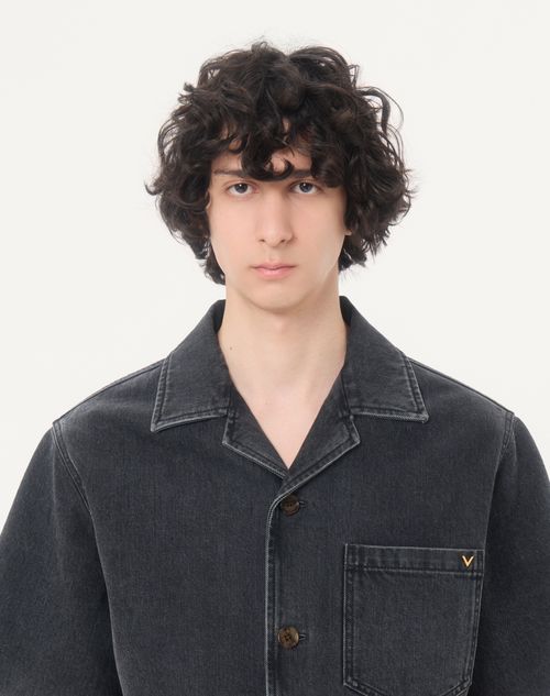 Valentino - Valentino Denim Bowling Shirt With Vgold - Black - Man - Denim