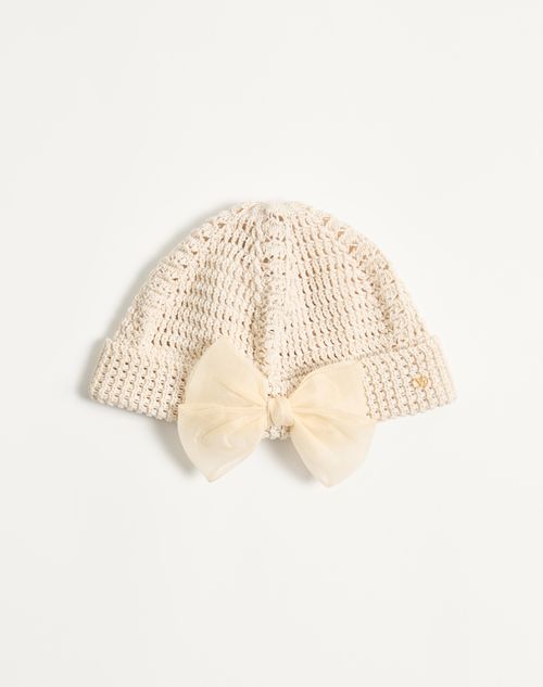 Valentino Garavani - Cotton Beanie With Organza Bow - Birch - Woman - Hats And Gloves