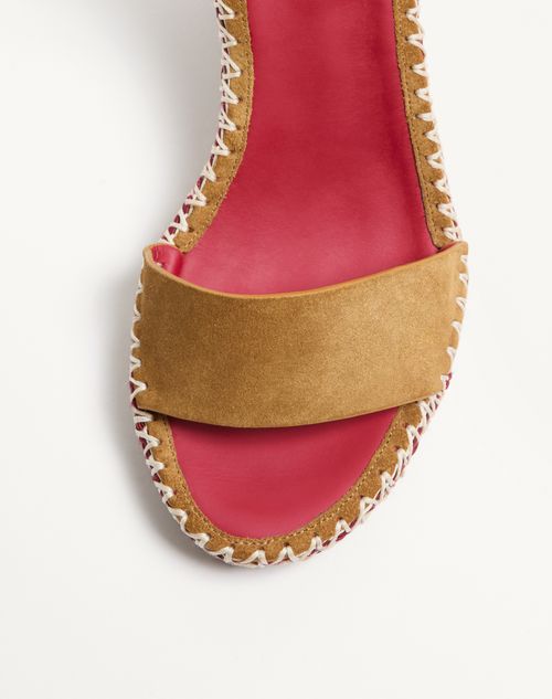 Valentino Garavani - Rockstud Double Wedge Sandal In Split Leather With Cabochon Stones 105mm - Havana Beige - Woman - Espadrilles And Wedges