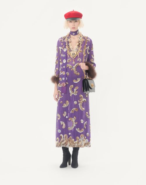 Valentino - フェザー付きエンブロイダリーシフォンドレス - パープル - ウィメンズ - ドレス