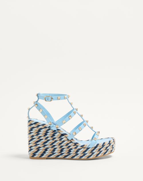Valentino Garavani - Rockstud Calfskin Wedge Sandal With Straps 95mm - Baltic Blue - Woman - Espadrilles And Wedges