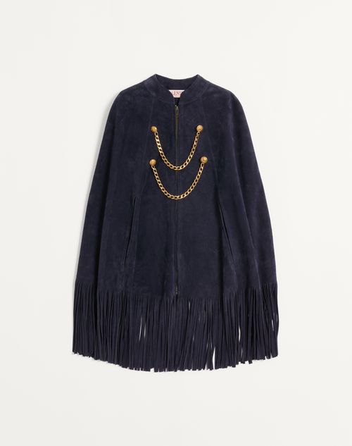 Valentino - Suede Cape With Fringes - Navy - Man - Coats And Blazers