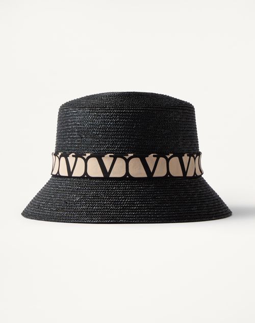 Valentino Garavani - Straw Bucket Hat With Toile Iconographe Twilly - Black/beige - Woman - Hats And Gloves
