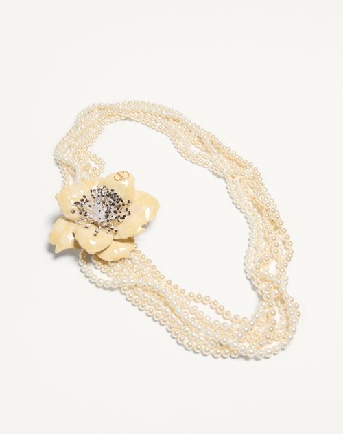 Valentino Garavani - Fleur Lumineuse Necklace In Metal, Enamel, Pearls And Fabric - Gold/cream - Woman - Fashion Jewelry