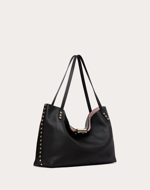Valentino Garavani - Medium Rockstud Grainy Calfskin Bag With Contrasting Lining - Black/rose Quartz - Woman - Totes