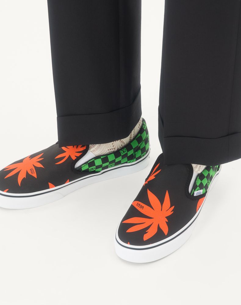 Valentino Garavani And Vans Slip-On Fabric Trainer With Vlogo Checkerboard Print And Tropical Leaves Print Man Black/Red/Green 40