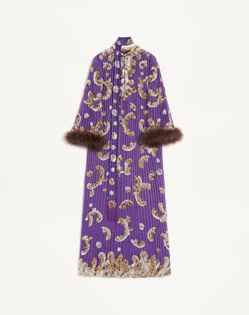 Valentino - フェザー付きエンブロイダリーシフォンドレス - パープル - ウィメンズ - ドレス