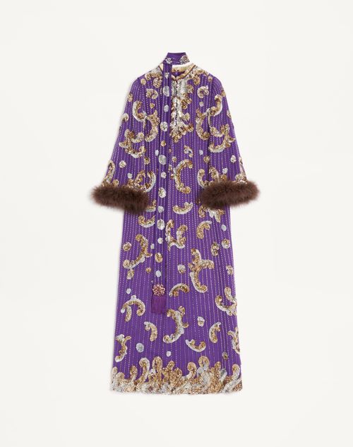 Valentino - Embroidered Chiffon Dress With Feathers - Purple - Woman - Ready To Wear