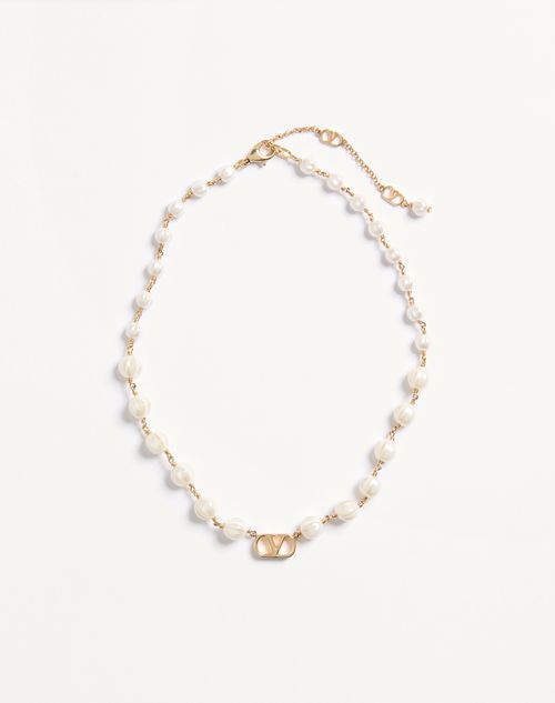 Valentino Garavani - Vlogo Signature Necklace In Metal And Glass Beads - Gold/cream - Woman - Jewelry