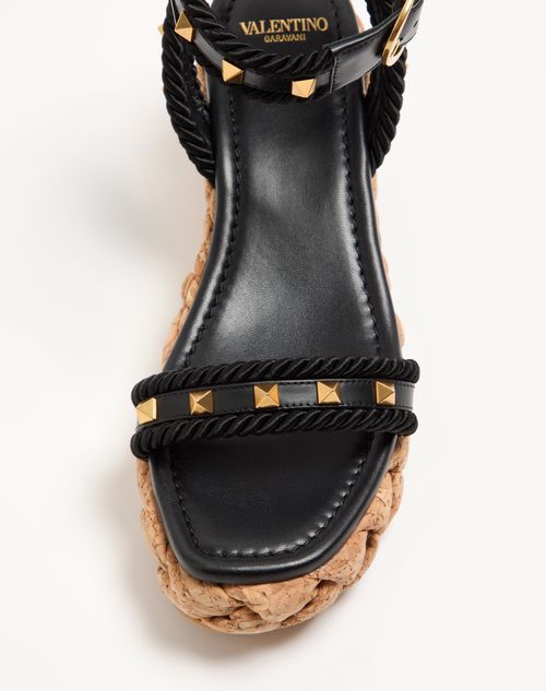 Valentino Garavani - Rockstud Flatform Sandal In Calfskin 60mm - Black/natural - Woman - Espadrilles And Wedges