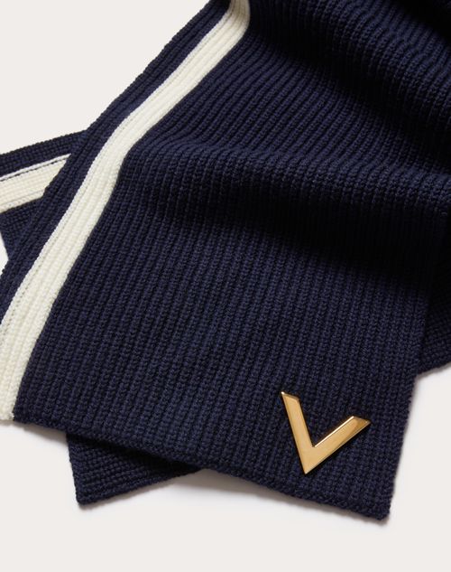 Valentino Garavani - Wool Scarf With Metal V Appliqué - Navy/ivory - Man - Winter Shop