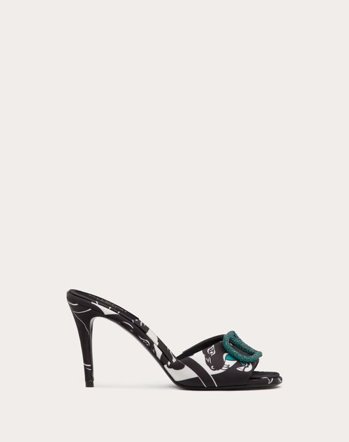 Valentino Garavani - Valentino Garavani Escape Slide Sandal In Satin With Panther Print 90mm - Black/white/green - Woman - Vlogo Signature - Shoes