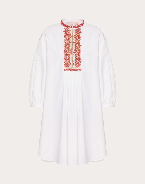 Valentino - Kurzes Kleid Aus Besticktem Compact Popeline - Weiss/korallenrot - Frau - Kleider