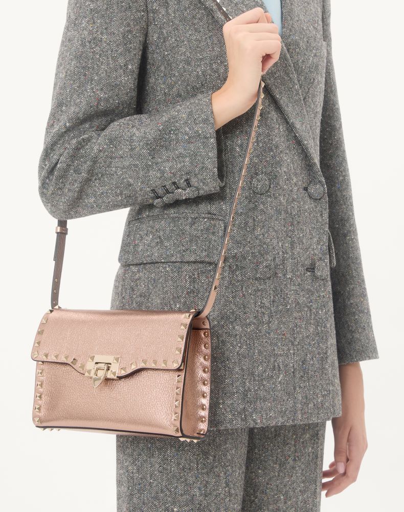 Valentino Garavani Rockstud Small Crossbody Bag In Laminated Grainy Calfskin Leather Woman Rose Cannelle Uni