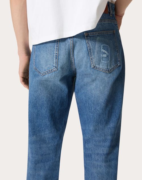 Denim Pants With Embossed Vlogo Signature for Man in Denim