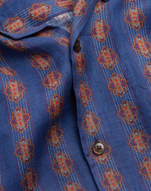 Valentino - Linen Bowling Shirt With Voyage Imaginaire Print - Blue/orange - Man - Man Ready To Wear Sale