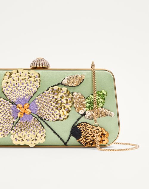 Valentino Garavani - Valentino Garavani Carry Secrets Minaudiere In Satin With Floral Embroidery - Green - Woman - Clutches