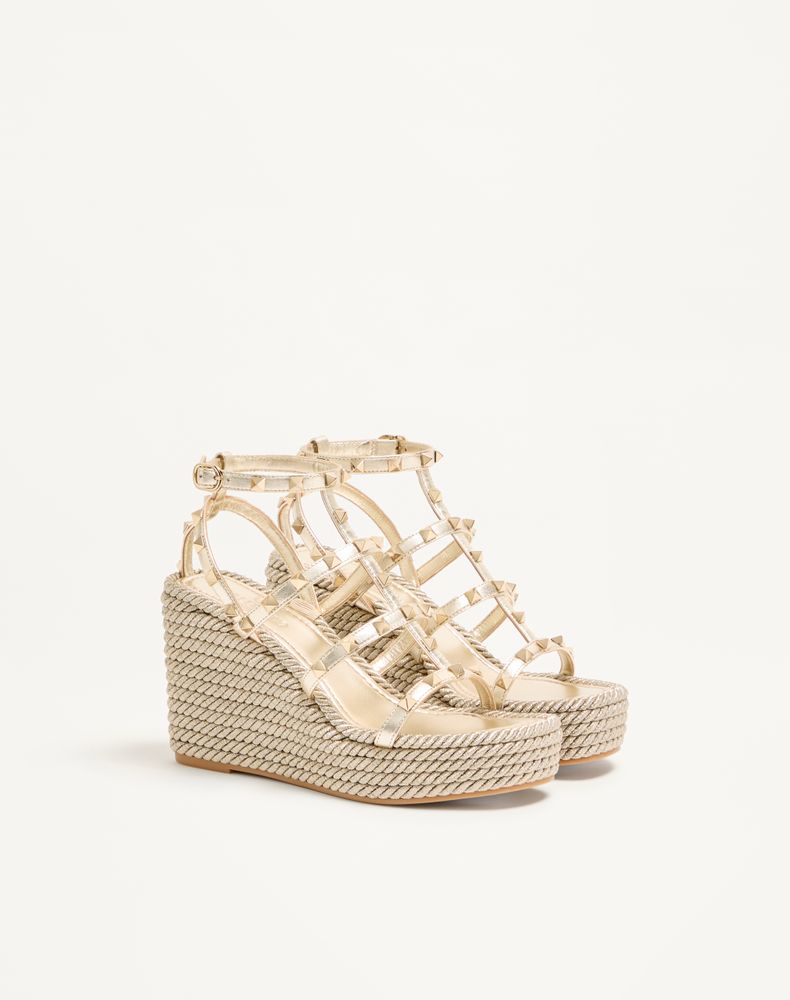 Valentino Garavani Rockstud Laminated Nappa Wedge Sandal 95 Mm Woman Platinum 39