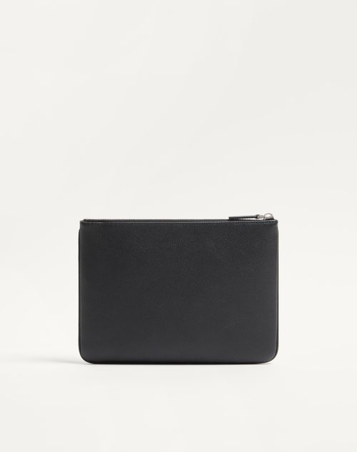 Valentino Garavani - Valentino Garavani Vlogo Signature Grainy Calfskin Pouch - Black - Man - Clutches And Pouches