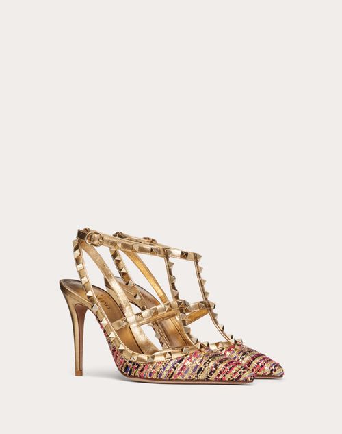 Valentino Garavani - Rockstud Tweed Pump With Straps 100mm - Gold/multicolour - Woman - Pumps