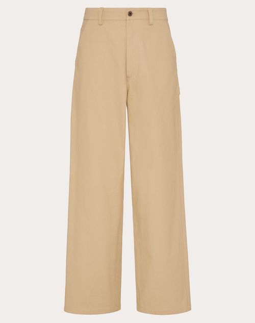 Valentino - Stretch Cotton Canvas Cargo Trousers With Metallic V Detail - Beige - Man - Trousers And Shorts