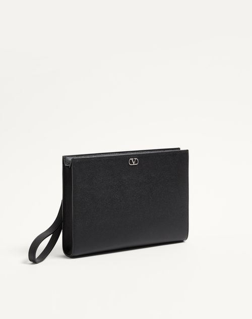 Valentino Garavani - Valentino Garavani Vlogo Signature Grainy Calfskin Pouch - Black - Man - Clutches And Pouches
