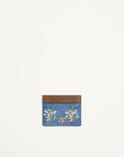 Valentino Garavani - Valentino Garavani Vlogo Signature Card Holder In Denim With Floral Embroidery - Denim - Woman - Wallets And Small Leather Goods