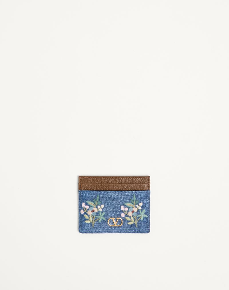 VALENTINO Vロゴ シグネチャー フローラルエンブロイダリー デニム カードホルダー