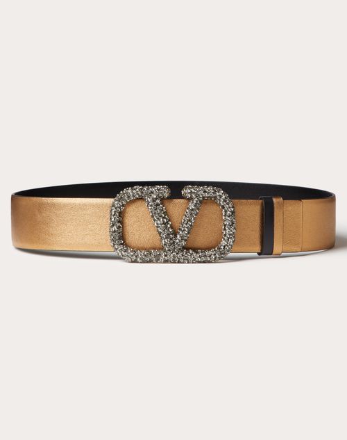 Valentino Garavani - Vlogo Signature Reversible Belt In Metallic Shiny Calfskin 40 Mm - Antique Brass Dark/black - Woman - Woman Bags & Accessories Sale