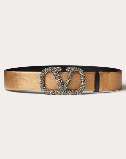 Valentino Garavani - Ceinture Réversible Vlogo Signature En Cuir De Veau Métallisé Brillant, Hauteur : 40 mm - Antique Brass Foncé/noir - Femme - Ceintures