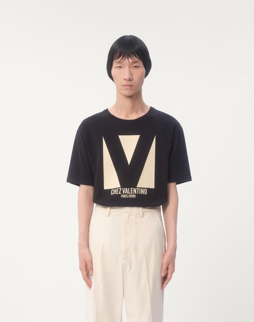 Cotton T-shirt With Chez Valentino Print for Man in Black Cotton T-shirt With Chez Valentino Print for Man in Black