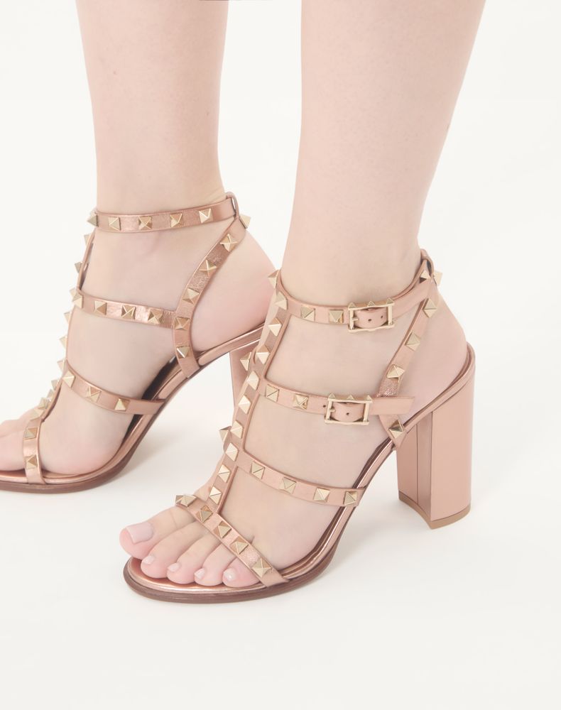 Valentino Garavani Rockstud Laminated Calfskin Sandal With Straps 90Mm Woman Rose Cannelle 39.5