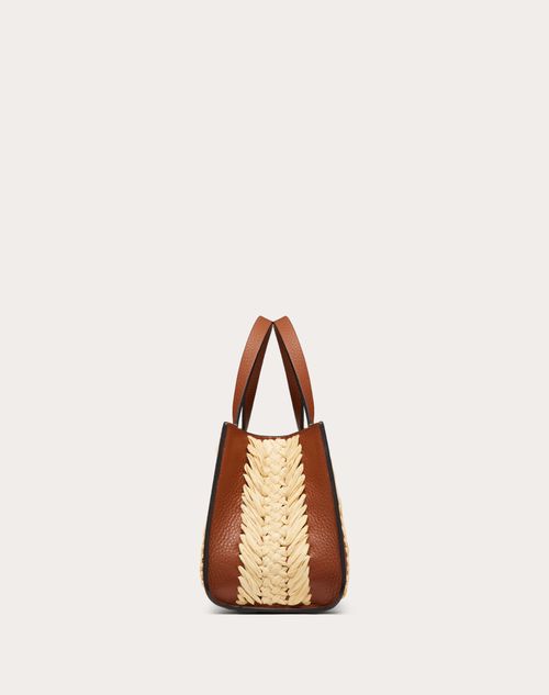 V Logo Signature Leather And Raffia Tote Bag in Beige - Valentino