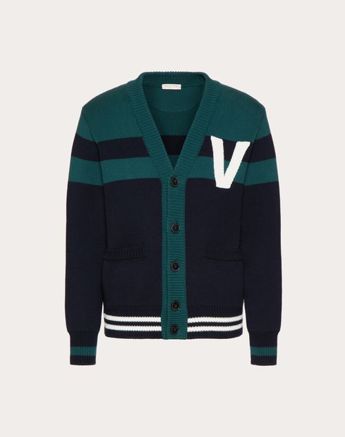 Valentino - Cardigan En Coton Avec Écusson V logo Brodé - Bleu Navy/english Green - Homme - Maille