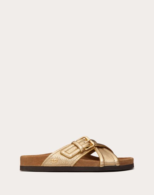 Valentino Garavani - Fussfriend Slide Sandal In Metallic Grainy Calfskin 30mm - Gold - Woman - Slides And Thongs