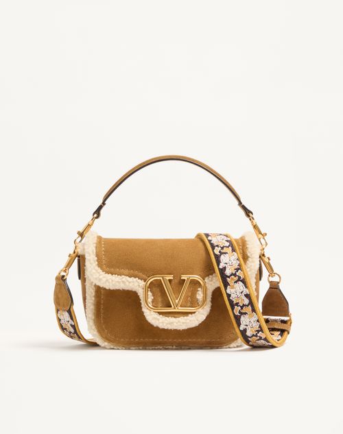 Valentino Garavani - Valentino Garavani Alltime Suede Shoulder Bag With Sheepskin Lining And Embroidered Ribbon Shoulder Strap - Havana Beige - Woman - Shoulder Bags