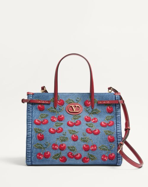 Valentino Garavani - Valentino Garavani Antibes Medium Shopping Bag In Denim With Cherryfic Embroidery - Denim/multicolour - Woman - Totes