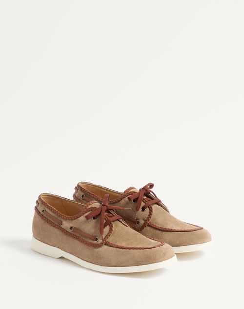 Valentino Garavani - Palm Avenue Crust And Nappa Leather Boat Shoe - Khaki/tobacco - Man - Sandals