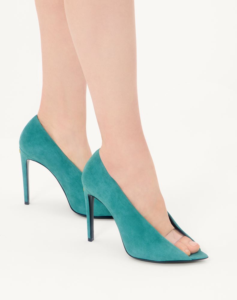 Valentino Garavani Open Toe Révélé Suede Pumps 105Mm Woman Aquamarine 42