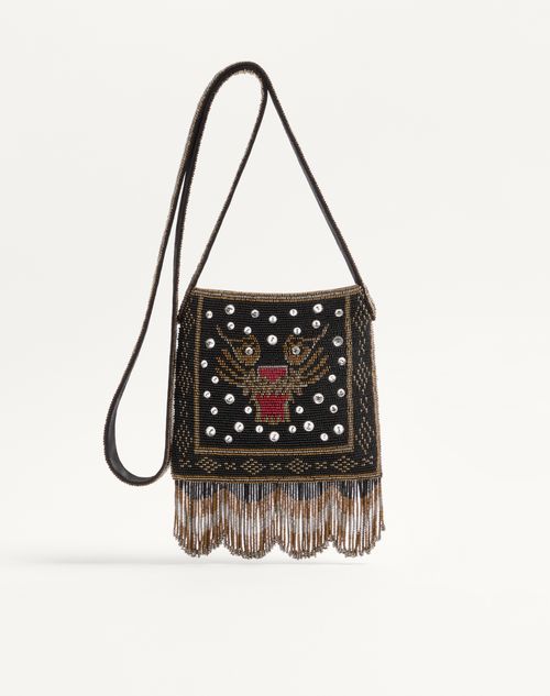 Valentino Garavani - Borsa A Spalla Piccola Valentino Garavani Nellcôte Ricamata Con Frange - Nero - Donna - Shelf - M Bags - Nellcote