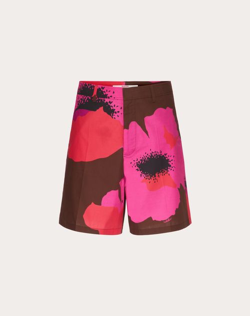 Valentino - Bermuda In Popeline Di Cotone Con Stampa Valentino Flower Portrait - Tabacco/pink Pp - Uomo - Pantaloni E Shorts