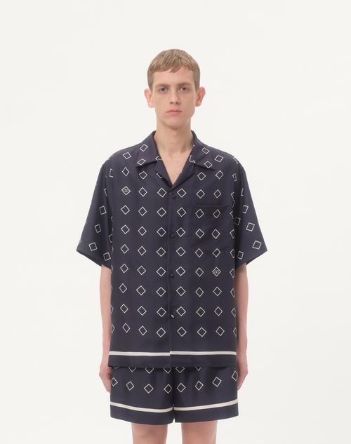 Valentino - Silk Twill Bowling Shirt With Opticool Print - Blue/butter - Man - Man Ready To Wear Sale