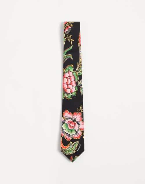 Valentino Garavani - Silk Tie With Papier Floral Pattern - Black/multicolor - Man - Shelf - Soft Scarves