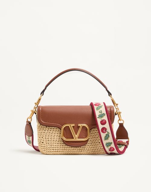 Valentino Garavani - Valentino Garavani Alltime Shoulder Bag In Raffia And Grainy Calfskin With Ribbon Strap Featuring Cherryfic Embroidery - Natural/saddle Brown - Woman - Shoulder Bags