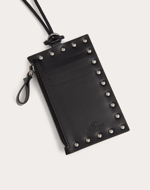 Rockstud Calfskin Card Holder With Neck Strap for Man in Grey